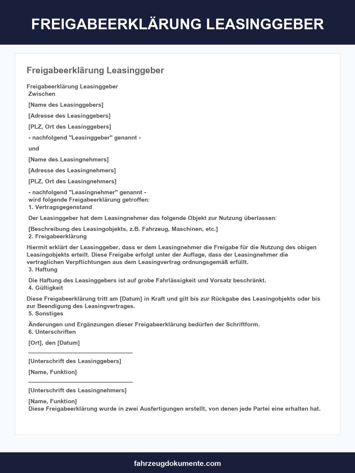 Freigabeerklärung Leasinggeber Muster
