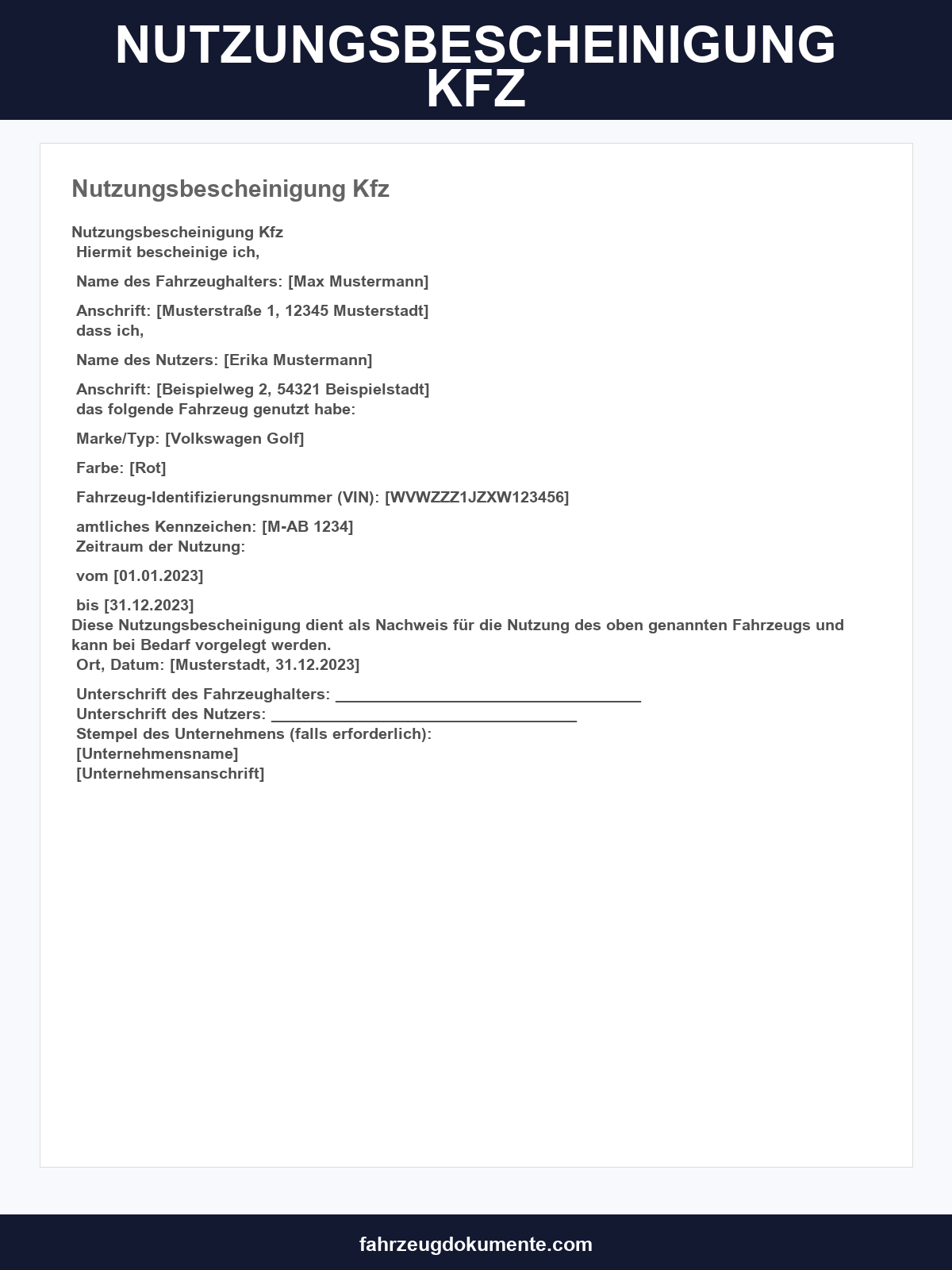 Nutzungsbescheinigung Kfz Vorlage