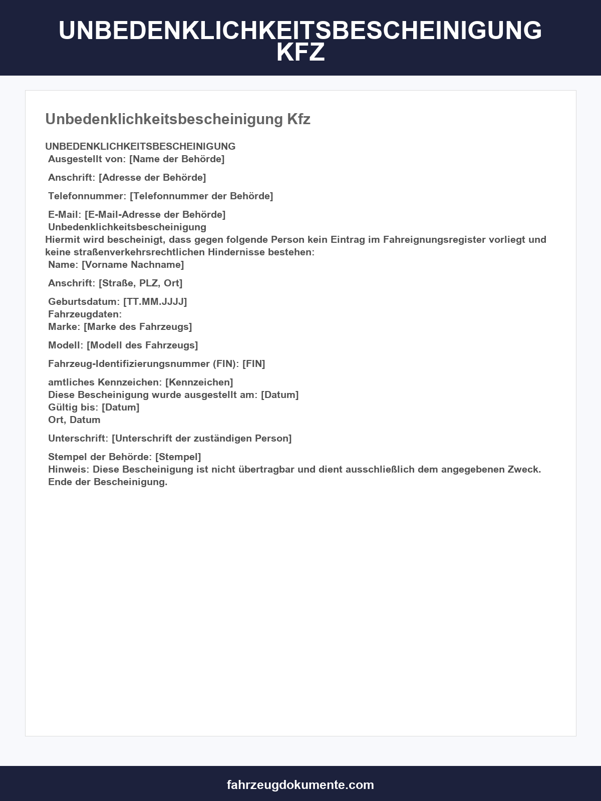 Unbedenklichkeitsbescheinigung Kfz Muster